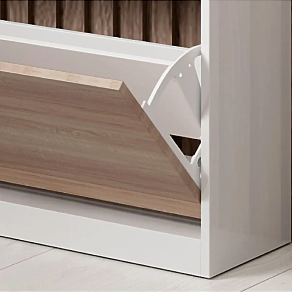 Meuble d'entrée slim blanc brillant & chêne sonoma - LED bleu - 2 abattants + 1 tiroir - 89x24x105 cm