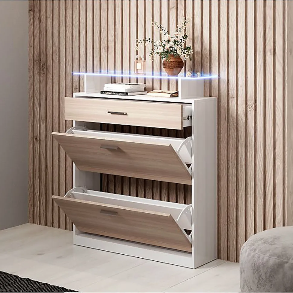 Meuble d'entrée slim blanc brillant & chêne sonoma - LED bleu - 2 abattants + 1 tiroir - 89x24x105 cm