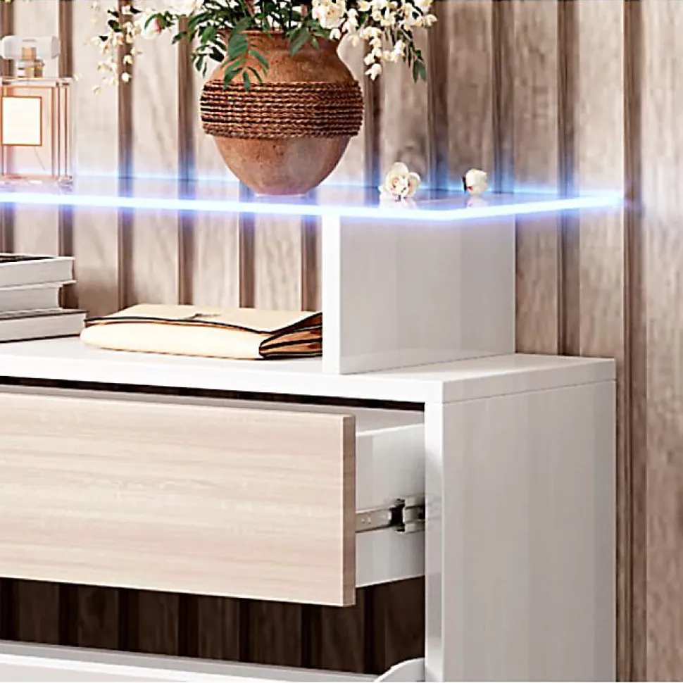 Meuble d'entrée slim blanc brillant & chêne sonoma - LED bleu - 2 abattants + 1 tiroir - 89x24x105 cm