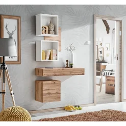 Meuble dentrée TORTH 3 Ensemble complet Coloris chêne et blanc Design moderne et fonctionnel