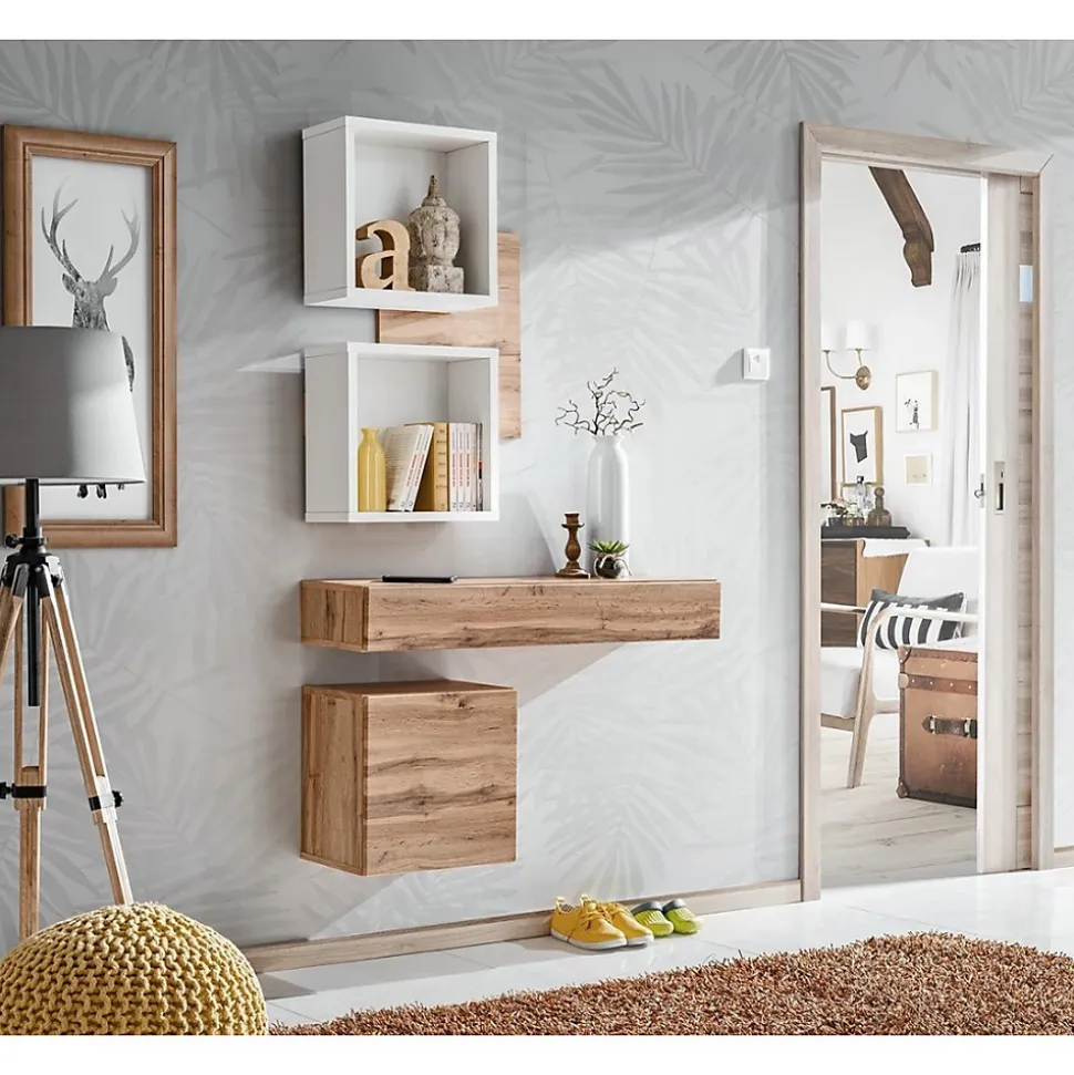 Meuble dentrée TORTH 3 Ensemble complet Coloris chêne et blanc Design moderne et fonctionnel