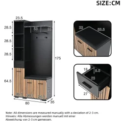 Meuble d'entrée 119,5x40x180 cm - Vestiaire avec 5 Portes, 4 Tiroirs et LED Multicolore - MDF et Acrylique - Noir