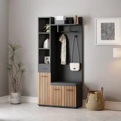 Meuble d'entrée 119,5x40x180 cm - Vestiaire avec 5 Portes, 4 Tiroirs et LED Multicolore - MDF et Acrylique - Noir
