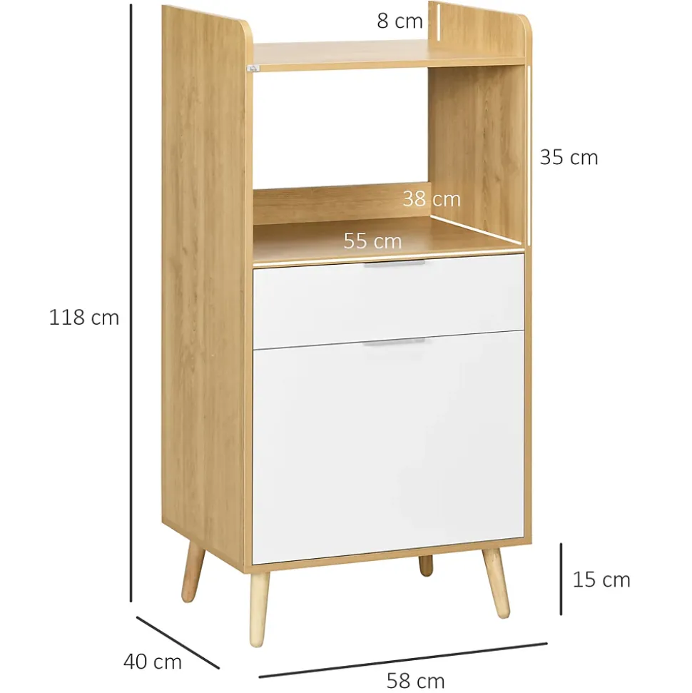 Meuble desserte de cuisine micro-onde style scandinave - porte, 2 étagères, tiroir, niche - blanc aspect chêne clair