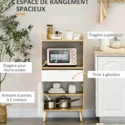 Meuble desserte de cuisine micro-onde style scandinave - porte, 2 étagères, tiroir, niche - blanc aspect chêne clair