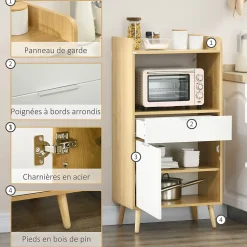 Meuble desserte de cuisine micro-onde style scandinave - porte, 2 étagères, tiroir, niche - blanc aspect chêne clair