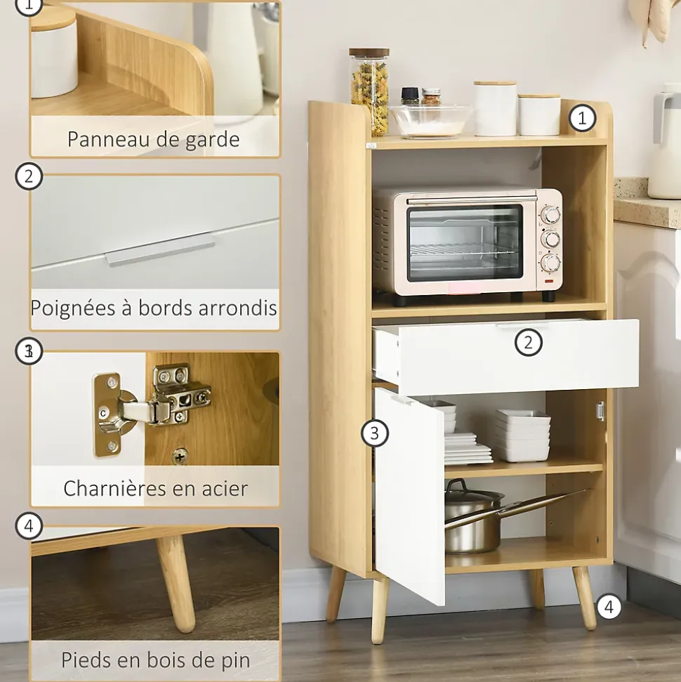 Meuble desserte de cuisine micro-onde style scandinave - porte, 2 étagères, tiroir, niche - blanc aspect chêne clair