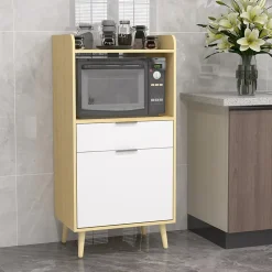 Meuble desserte de cuisine micro-onde style scandinave - porte, 2 étagères, tiroir, niche - blanc aspect chêne clair