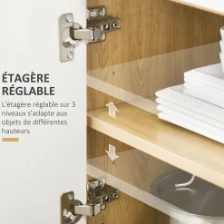Meuble desserte de cuisine micro-onde style scandinave - porte, 2 étagères, tiroir, niche - blanc aspect chêne clair