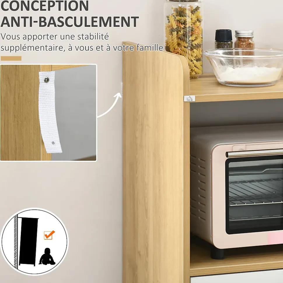 Meuble desserte de cuisine micro-onde style scandinave - porte, 2 étagères, tiroir, niche - blanc aspect chêne clair