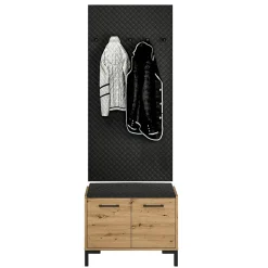 Meuble entree porte-manteau et banc à chaussures 2 portes Liora Bois et Noir