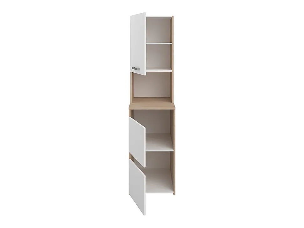 Meuble pour 2 machines à laver avec étagères, penderie et placards - Naturel clair et blanc - L176 x H184 x P66 cm - ERKANO