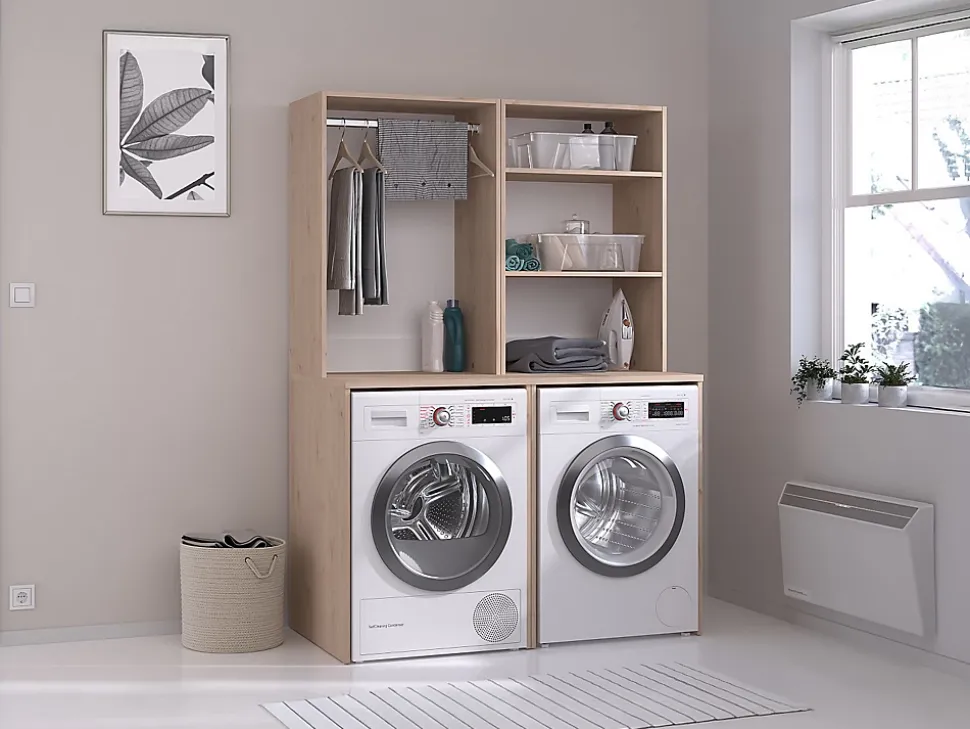 Meuble pour 2 machines à laver avec penderie et étagères - Naturel clair - H184 x L128 cm - ERKANO