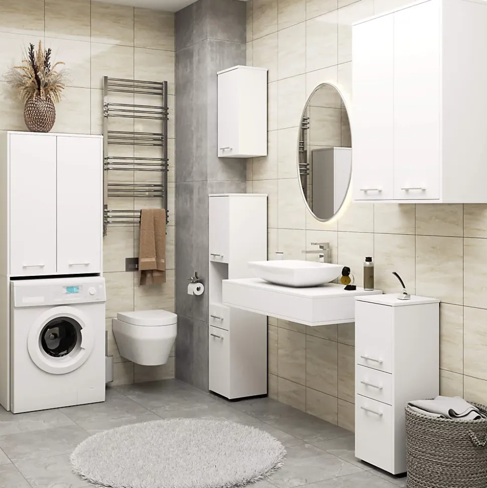 Meuble pour machine à laver AKORD FIN Blanche 64 cm 2 portes façade Blanche 4 étagères 64x30x180 cm