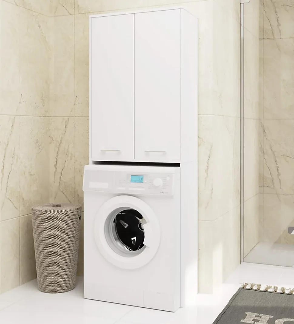 Meuble pour machine à laver AKORD FIN Blanche 64 cm 2 portes façade Blanche 4 étagères 64x30x180 cm