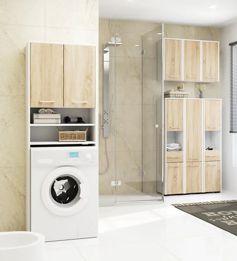Meuble pour machine à laver AKORD FIN Blanche 64 cm 2 portes façade Chêne Sonoma 4 étagères 64x30x180 cm