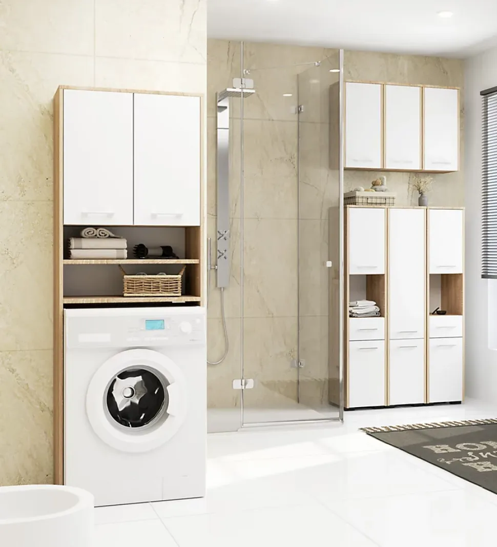 Meuble pour machine à laver AKORD FIN Chêne Sonoma 64 cm 2 portes façade Blanche 4 étagères 64x30x180 cm