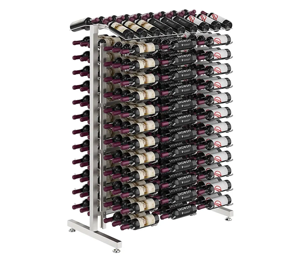 Meuble Range Bouteille Caviste. Îlot de vente 1.42m. Kit de base Supports pour 234 bouteilles. Acier brossé