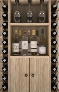 Meuble Range Bouteille de vin Série Godello en Chêne massif 20 bouteilles + liqueurs + 9 verres