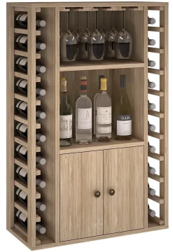 Meuble Range Bouteille de vin Série Godello en Chêne massif 20 bouteilles + liqueurs + 9 verres