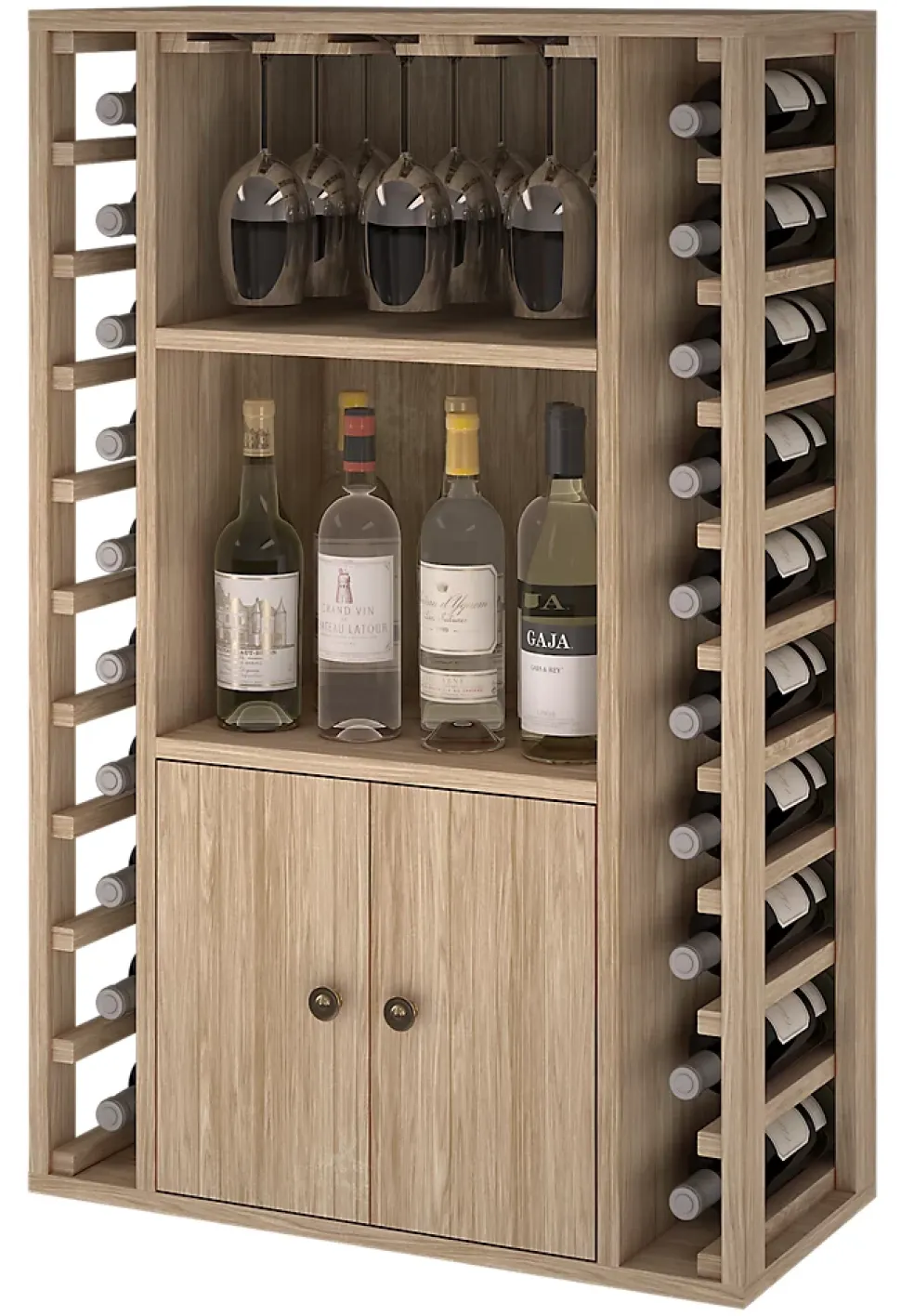 Meuble Range Bouteille de vin Série Godello en Chêne massif 20 bouteilles + liqueurs + 9 verres