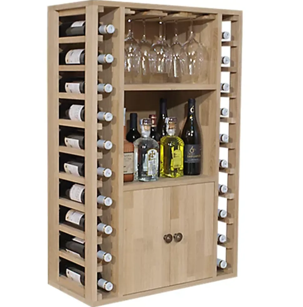 Meuble Range Bouteille de vin Série Godello en Chêne massif 20 bouteilles + liqueurs + 9 verres