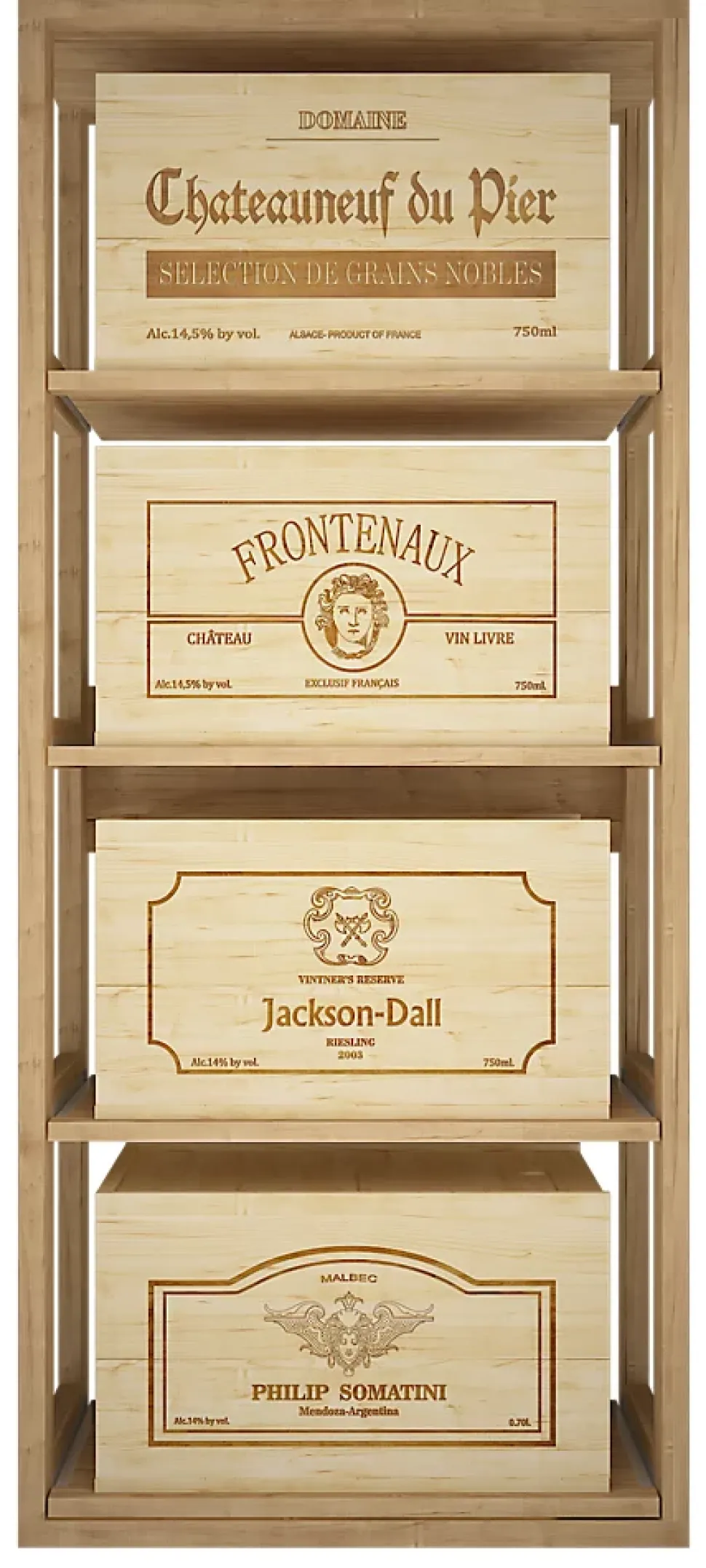 Meuble Range Bouteille de vin Série Godello en Pin Clair 4 caisses de bois