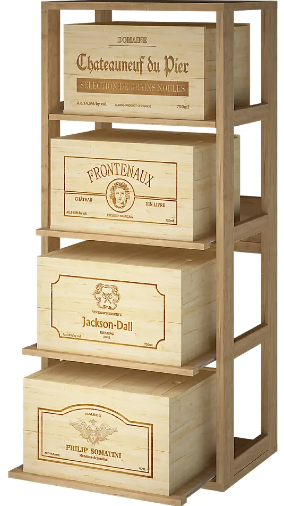 Meuble Range Bouteille de vin Série Godello en Pin Clair 4 caisses de bois