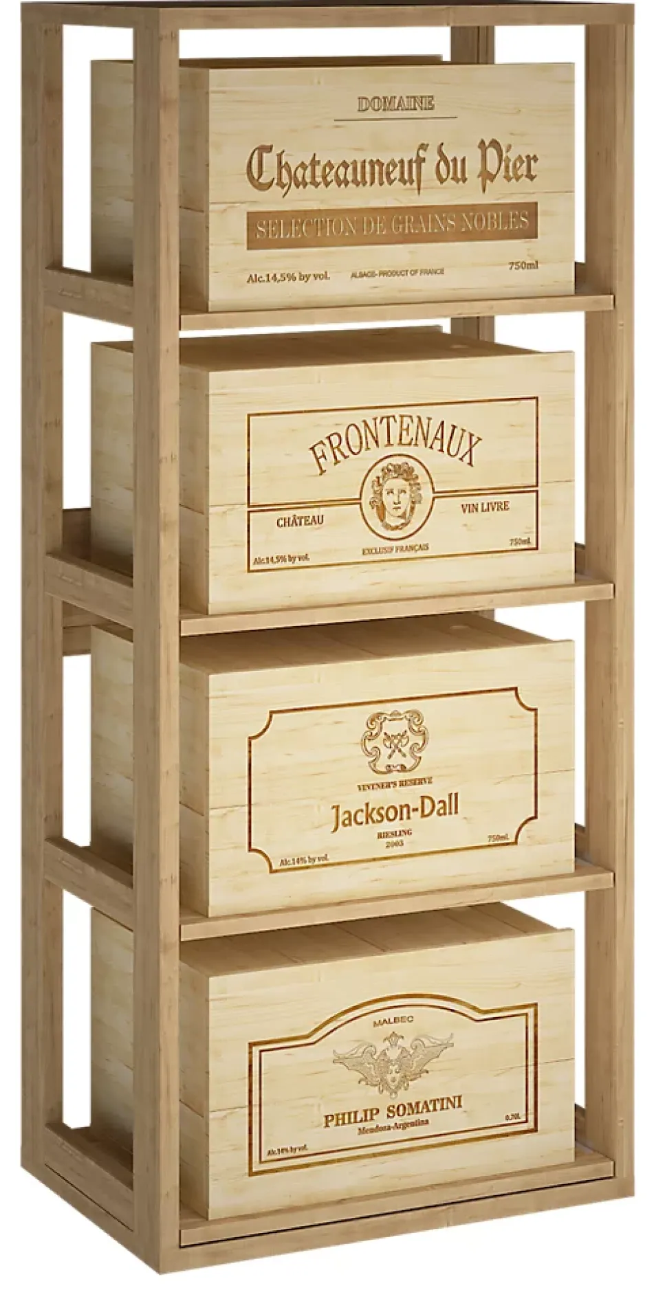 Meuble Range Bouteille de vin Série Godello en Pin Clair 4 caisses de bois
