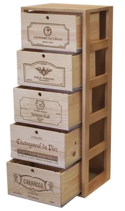 Meuble Range Bouteille de vin Série Godello en Chêne massif 5 caisses de bois sur tablettes coulissantes