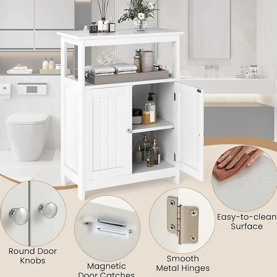 Meuble Salle de Bain, avec Double Portes, Plateau Grand, 2 Compartiments Ouverts, Étagère à 3 Niveaux, pour Entrée, Salon (Blanc)