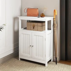 Meuble Salle de Bain, avec Double Portes, Plateau Grand, 2 Compartiments Ouverts, Étagère à 3 Niveaux, pour Entrée, Salon (Blanc)