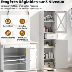 Meuble Salle de Bain, sur Pieds,avec Porte, Tiroir et Étagères Réglables sur 3 Niveaux, pour Cuisine, Salon et Chambre (Blanc)