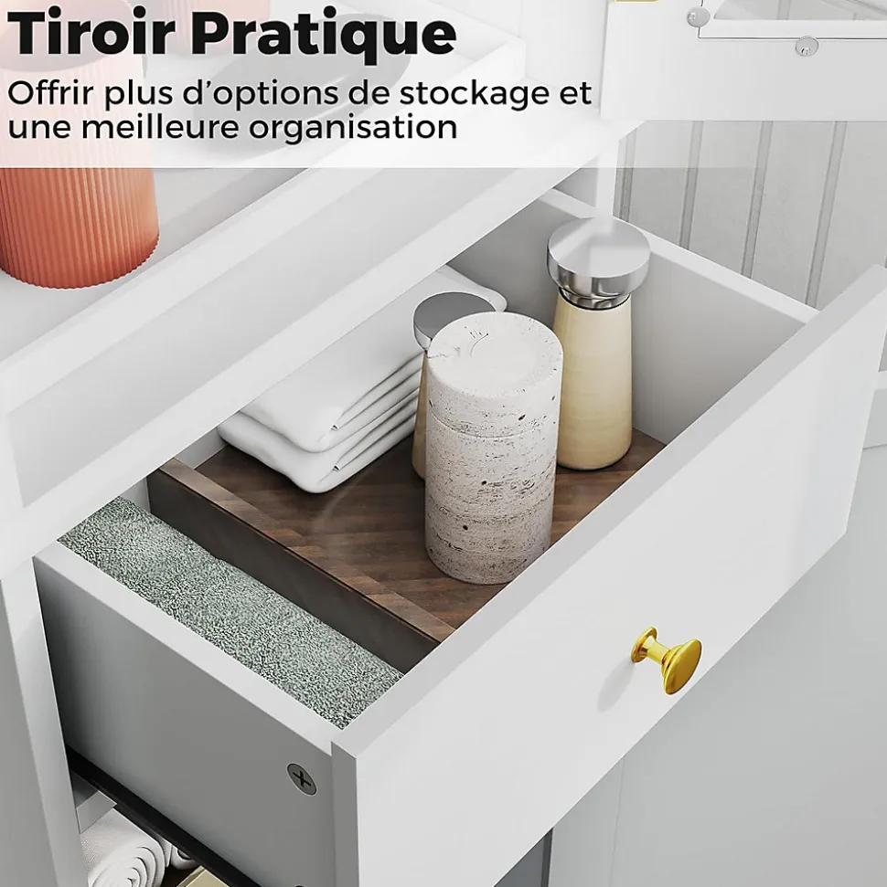 Meuble Salle de Bain, sur Pieds,avec Porte, Tiroir et Étagères Réglables sur 3 Niveaux, pour Cuisine, Salon et Chambre (Blanc)