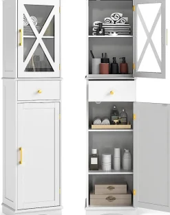 Meuble Salle de Bain, sur Pieds,avec Porte, Tiroir et Étagères Réglables sur 3 Niveaux, pour Cuisine, Salon et Chambre (Blanc)