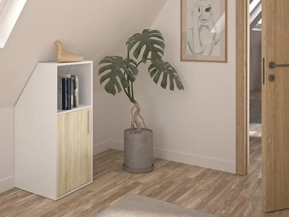 Meuble sous pente 1 porte et 1 niche - Blanc et naturel - ADEZIO