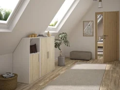 Meuble sous pente 3 portes et 1 niche - Blanc et naturel - ADEZIO