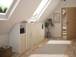 Meuble sous pente 6 portes et 2 niches - Blanc et naturel - ADEZIO