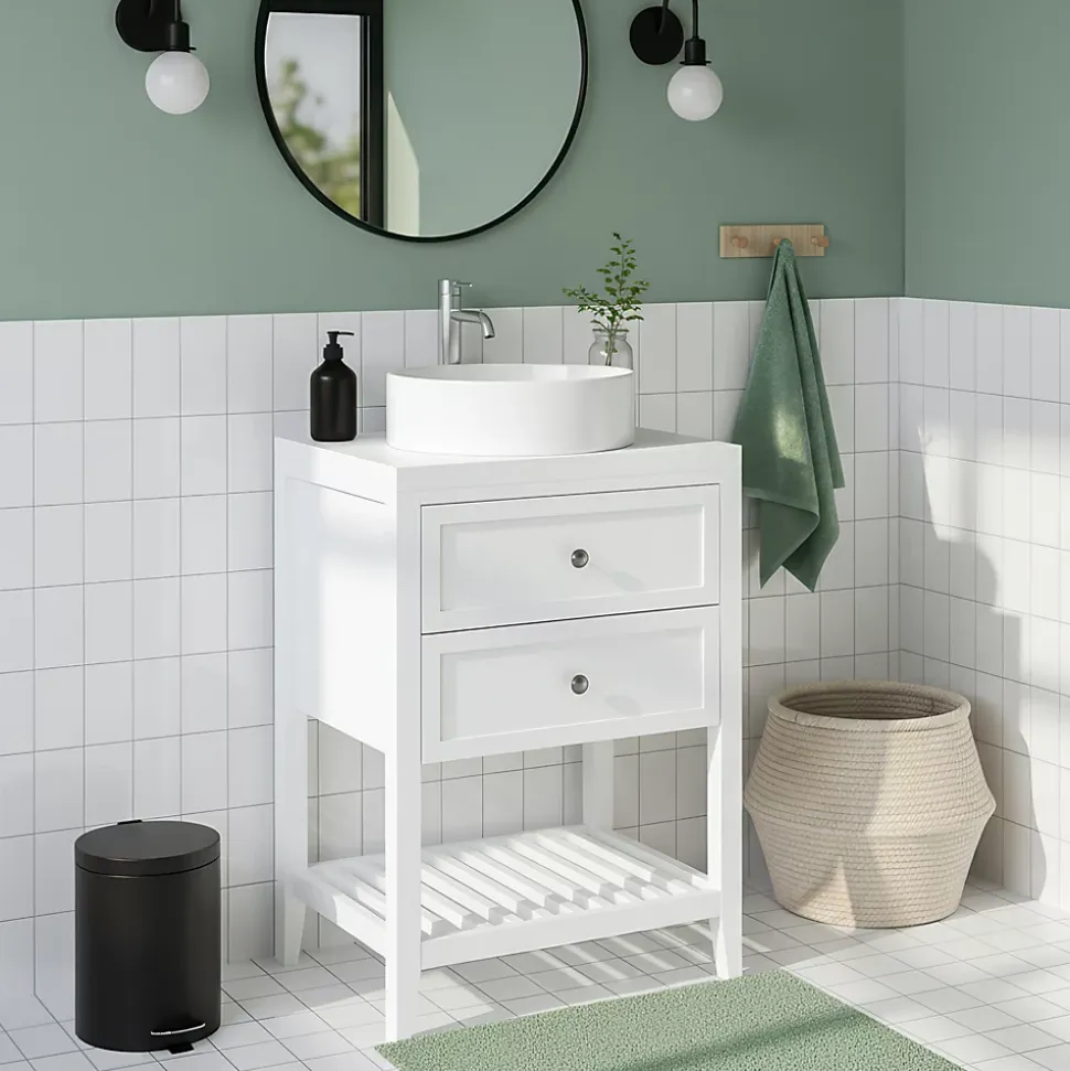 Meuble sous vasque à poser 2 tiroirs 1 niche blanc mat l.60 cm + plan de toilette, GoodHome Perma