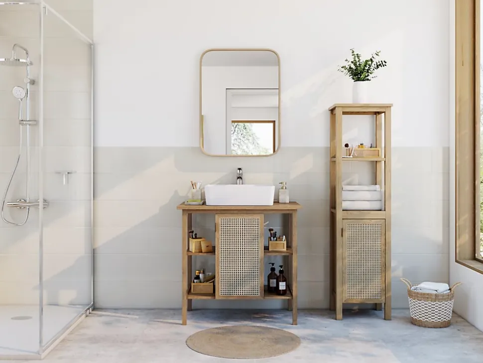 Meuble sous vasque à poser avec plan de toilette l.84 x H.80 x P.50 cm, 1 porte, placage chêne et cannage, Thiam
