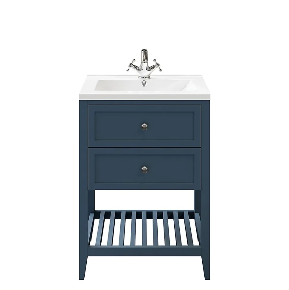 Meuble sous vasque à poser 2 tiroirs bleu mat l.60 cm, GoodHome Perma