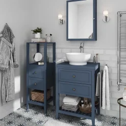 Meuble sous vasque à poser 2 tiroirs 1 niche bleu mat l.60 cm + plan de toilette, GoodHome Perma