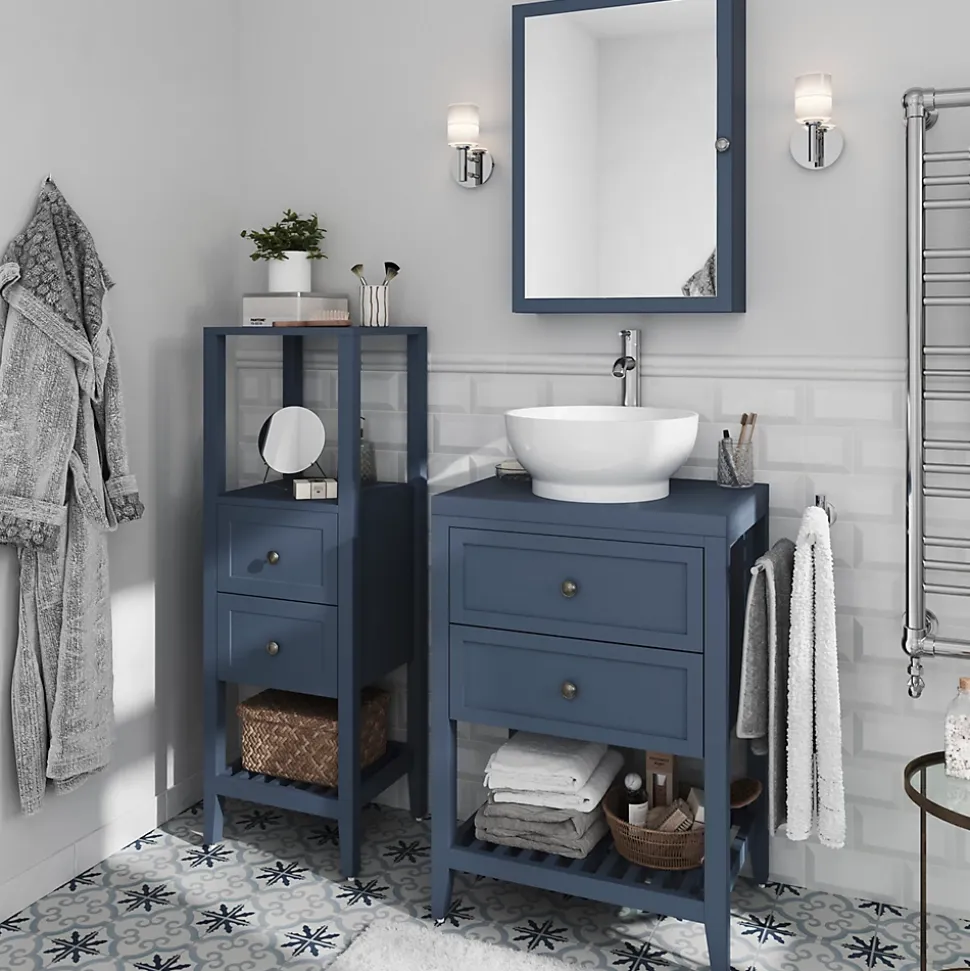 Meuble sous vasque à poser 2 tiroirs 1 niche bleu mat l.60 cm + plan de toilette, GoodHome Perma
