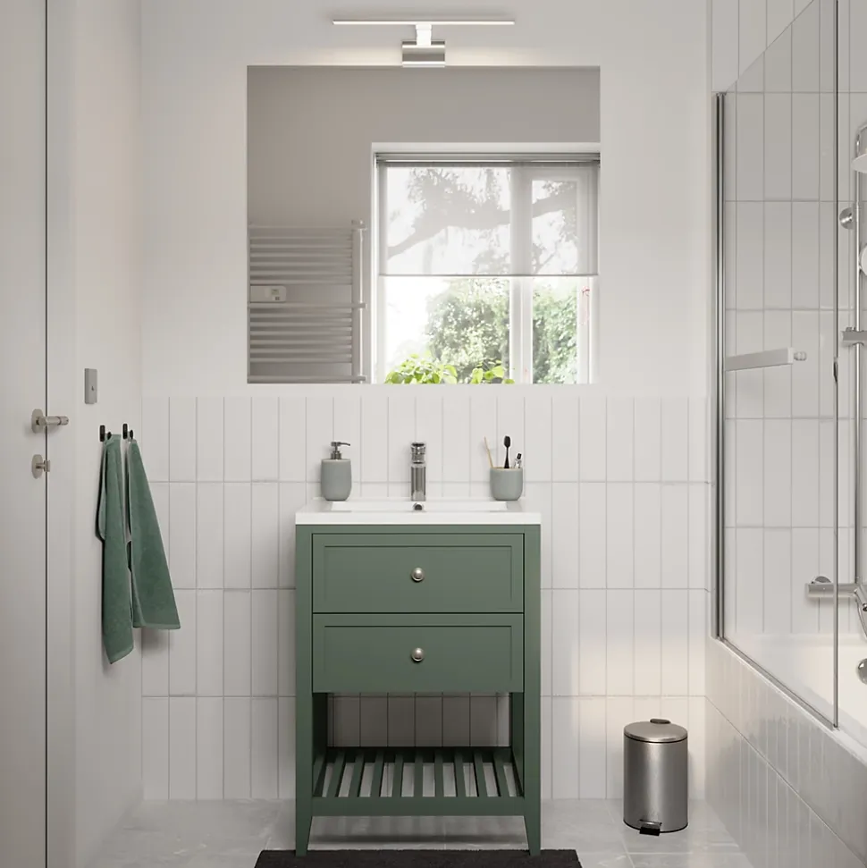 Meuble sous vasque à poser 2 tiroirs 1 niche vert mat l.60 x H.80,6 x P.45 cm, GoodHome Perma