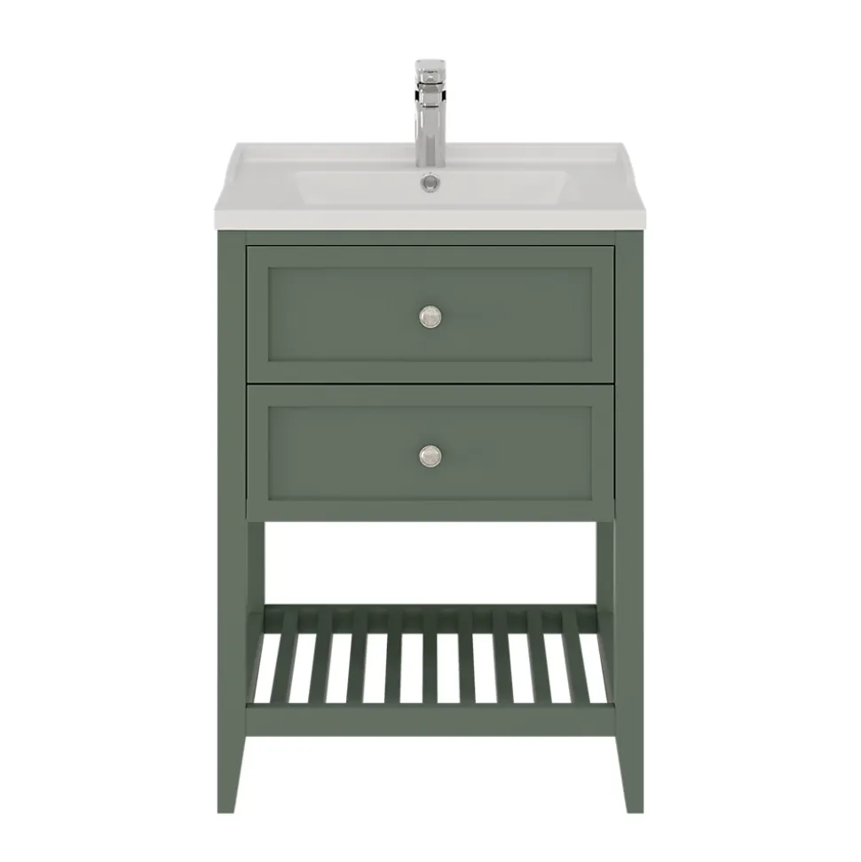 Meuble sous vasque à poser 2 tiroirs 1 niche vert mat l.60 x H.80,6 x P.45 cm, GoodHome Perma
