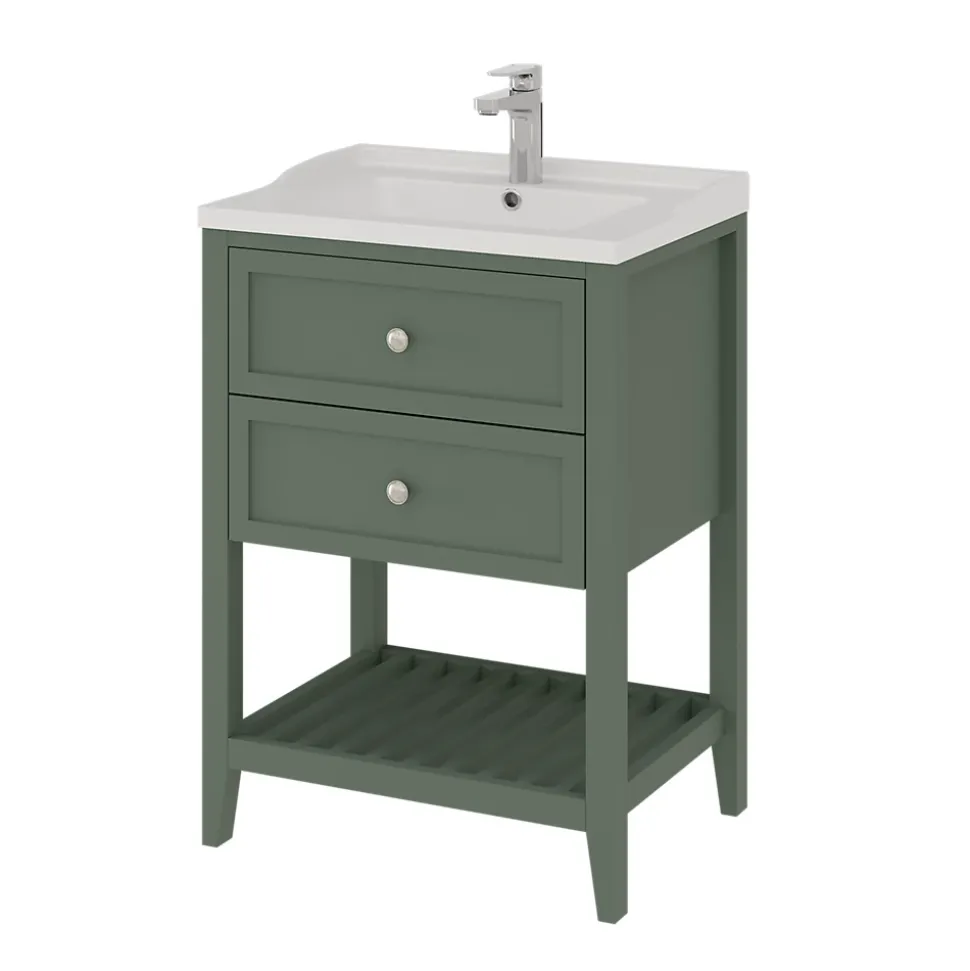 Meuble sous vasque à poser 2 tiroirs 1 niche vert mat l.60 x H.80,6 x P.45 cm, GoodHome Perma