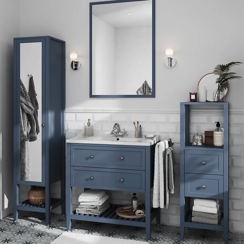 Meuble sous vasque à poser 2 tiroirs bleu mat L.80 x H.80 x P.45 cm, GoodHome Perma
