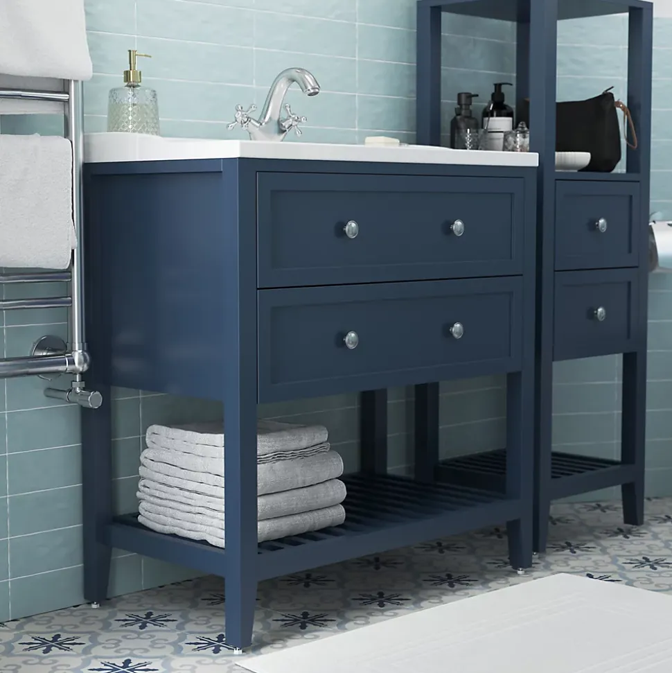 Meuble sous vasque à poser 2 tiroirs bleu mat L.80 x H.80 x P.45 cm, GoodHome Perma