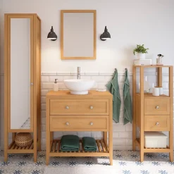 Meuble sous vasque à poser 2 tiroirs 1 niche placage chêne l.80 cm + plan de toilette placage chêne, GoodHome Perma