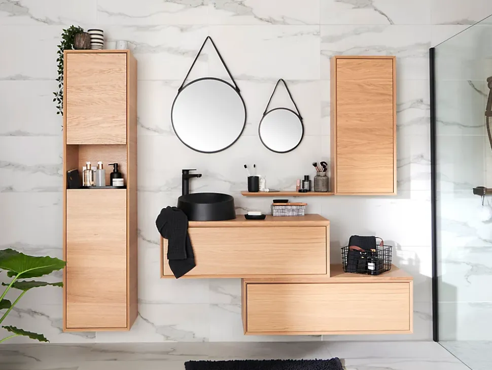 Meuble sous vasque à suspendre GoodHome Avela placage chêne 100 cm + plans de toilette Avela vendu par 2